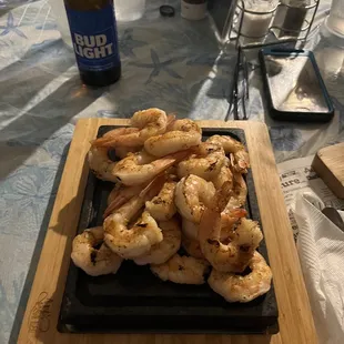 Grilled shrimp!  This customer Added enough to his Steak on the stone that he requested a extra stone! $1./each when adding it