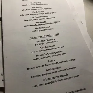 Cocktail menu