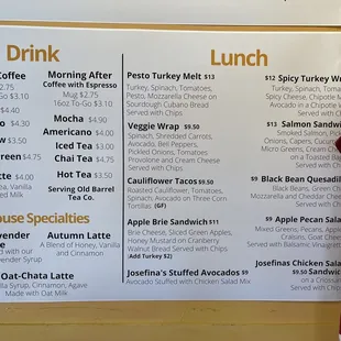 the menu for lunch