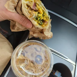 Veggie burrito and iced coffee