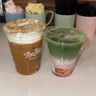 Caramel coffee cloud and strawberry matcha