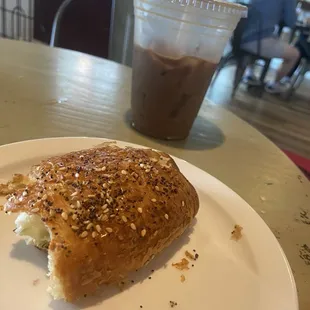 Spinach and artichoke croissant; iced almond milk mocha
