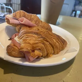 Ham and cheese croissant; iced caramel macchiato