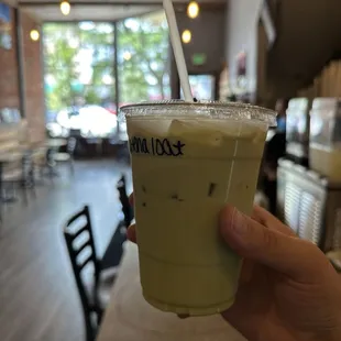 Iced matcha latte with Oat milk