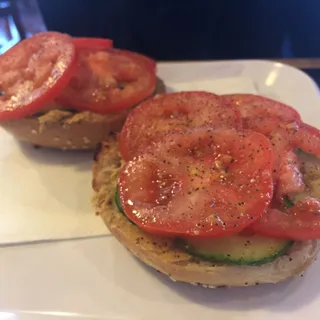 Hummus Cucumber and Tomato Bagel (open-face)