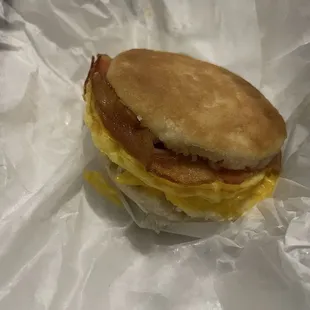Bacon, egg, biscuit sandwich
