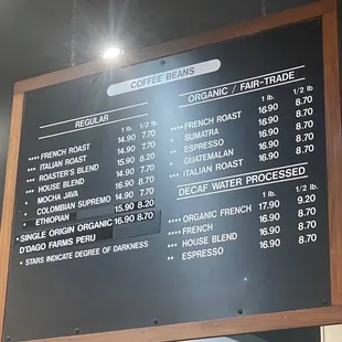Coffee beans menu