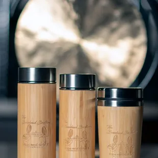 three bamboo coffee mugs