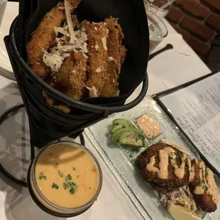 Fried Zucchini Sticks w/ Apricot- Mustard Sauce &amp; Dungeness Crab Cakes over Spicy slaw, Remoulade sauce