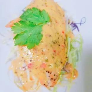 Cilantro chicken topped with a delicious sauce served over a bed of refreshing coleslaw