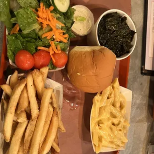 Veggie plate with fries, salad, collard greens and macaroni and cheese