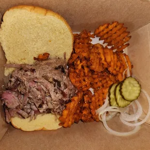 Pickup order. Pulled Pork sandwich with waffle fries