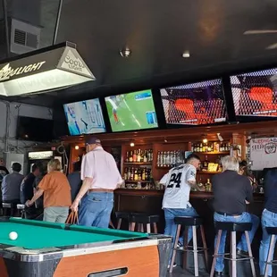 a pool table and televisions