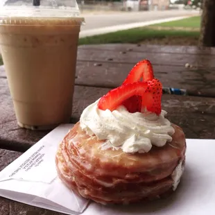 Hazelnut iced coffee and a glazed cronut
