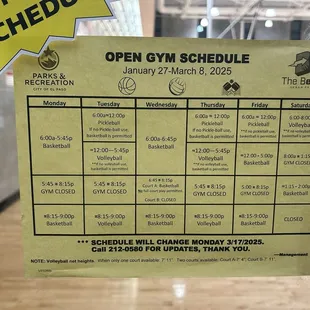 New open gym schedule monthly!