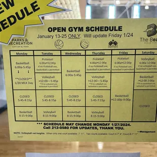 New open gym schedule monthly!