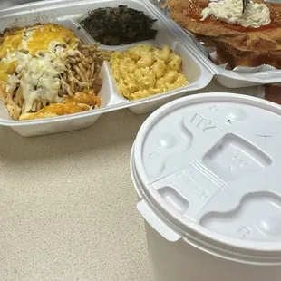 Spaghetti Dinner -greens, mac n cheese, and Fried Catfish on the side! Yummmmy!!!!