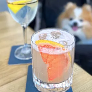 Front: Greyhound, Grey Goose | $17, Back: Vesper, Monkey 47 | $22 (four outdoor tables in the parklet)