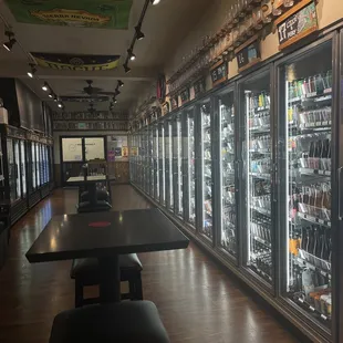 a row of beer coolers