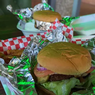 two burgers and fries