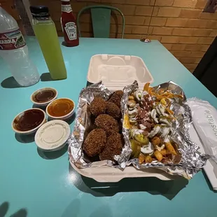 6 piece unBEETable chickless bites with spicy breading side of loaded fries