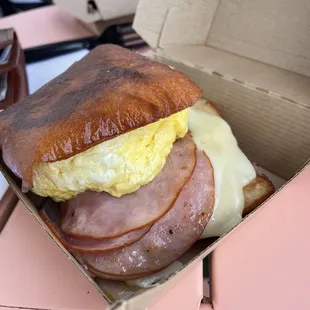 Beignet breakfast sandwich