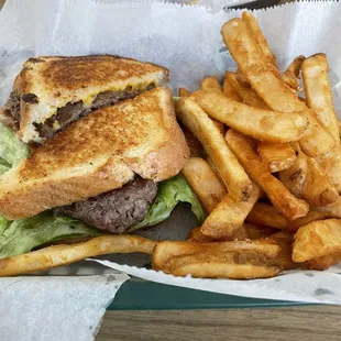 "Grilled cheeseburger ": added bacon/lettuce. Swapped regular fries for "Brew City Fries".