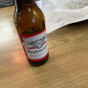 a beer bottle on a table