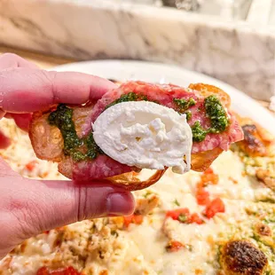 a hand holding a piece of pizza