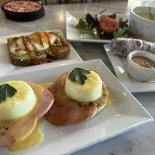 Eggs Benedict, avocado toast, spring rolls, and a crustless quiche