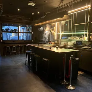 a bar with stools and a counter