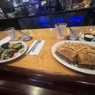 Patty melt and tacos