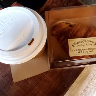 Coffee (oat milk latte) and the best fig &amp; Brie Croissant! Yummy!