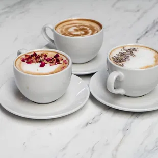 Make your mornings brew-tiful with one of our lattes, including rose and lavender flavors.