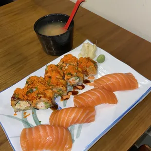 Spicy Lion King Roll (Baked)* Salmon nigiri