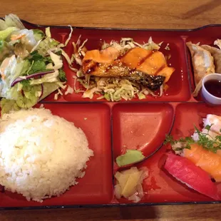 Bento box combo with salmon teriyaki and nigiri sushi ($11.95 before tax, $13.09 after tax)