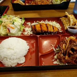 Salmon and spicy beef bento box. Yummy!