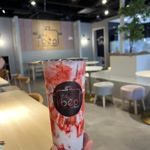 Strawberry milk tea $5.50