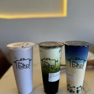 Taro/ube smoothie, green Thai milk tea, magical milk tea