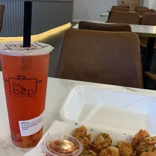 Strawberry peach cobbler organic tea and Lobster balls
