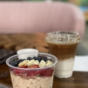 a bowl of oatmeal and a cup of coffee