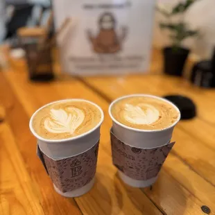 Cinnamon French Toast Latte on the left and Cafe con Leche on the right