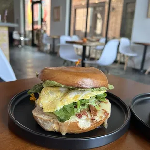 a breakfast sandwich on a bun
