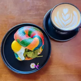 All-Farm Bagel on Rainbow Bagel &amp; Bee Happy Latte (hot)