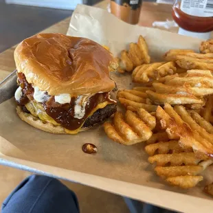 Bacon burger and fries.