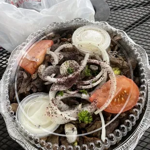 Beef shawerma platter with side salad not pictured