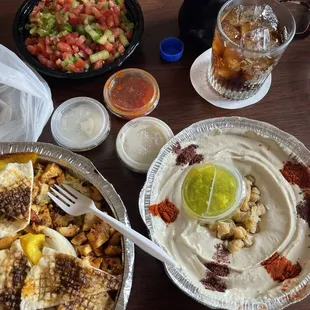 Chicken Shawerma Entree with rice, Hummos, Jerusalem salad, pita.