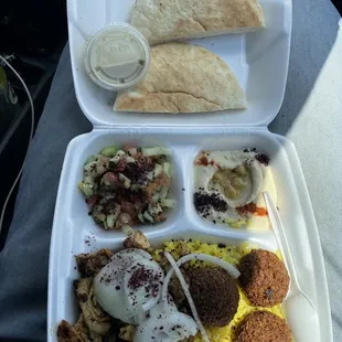 Half falafel half chicken shawerma plate