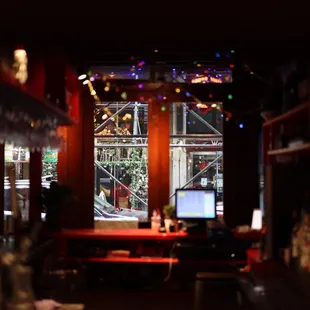 a view of a bar from the window