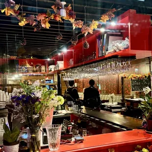 Looking into the restaurant through the window.